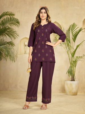 Hanch Heavy Rayon Embroidered Co-Ords Set – Wine