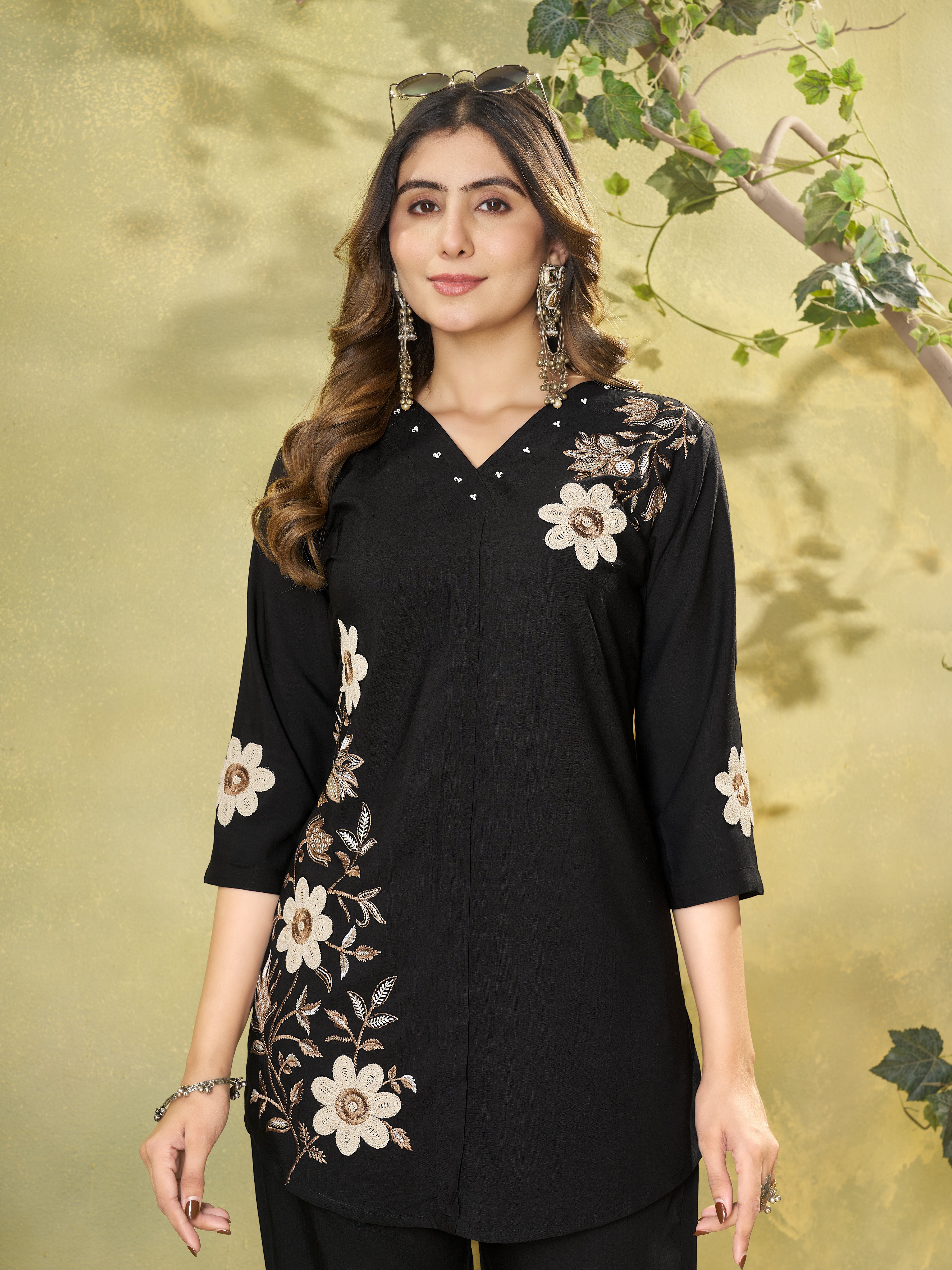 Hanch Heavy Rayon Embroidered Co-Ords Set – Black