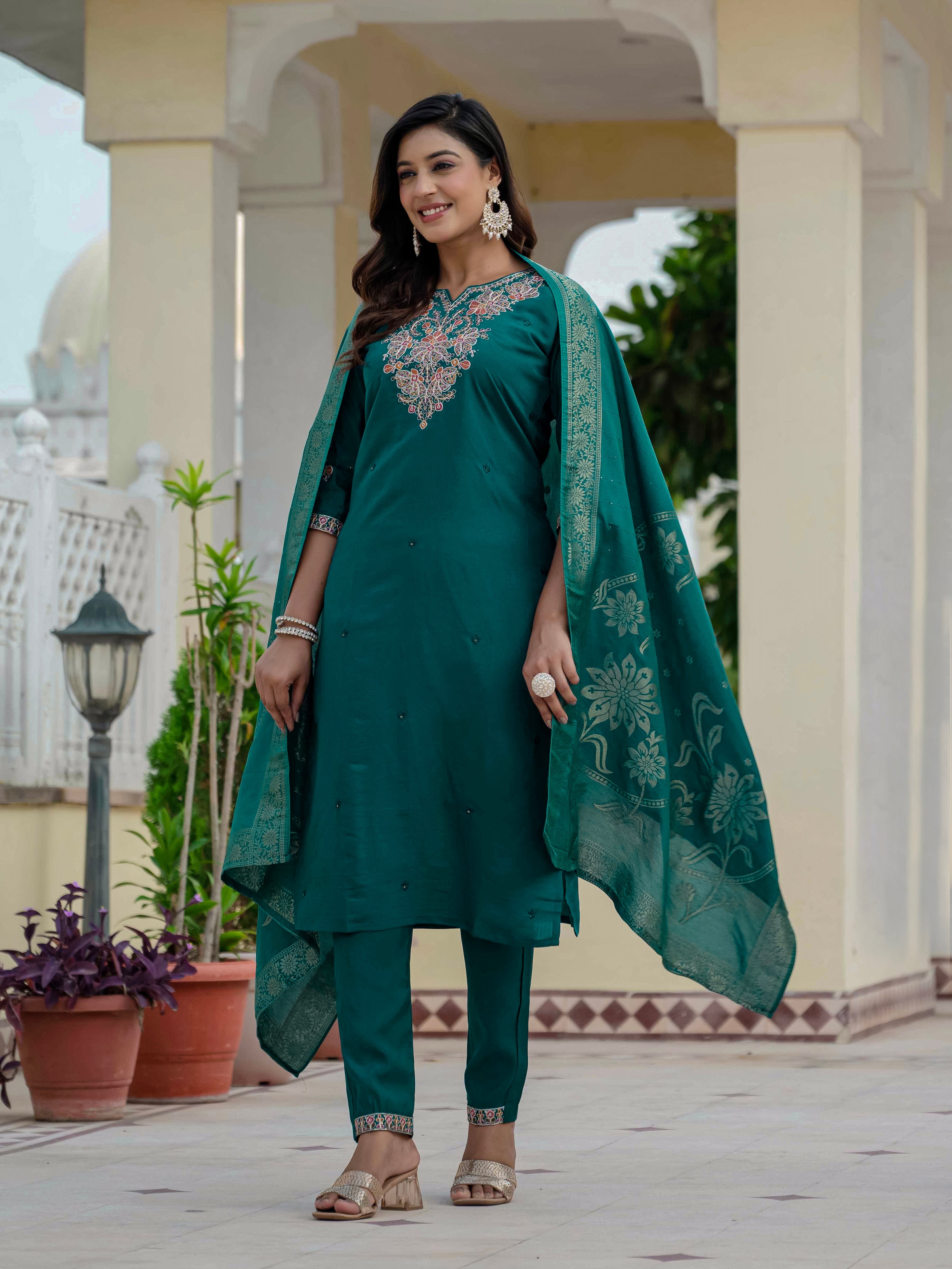 Hanch Premium Roman Silk Embroidered Straight Kurti Set – Rama Green