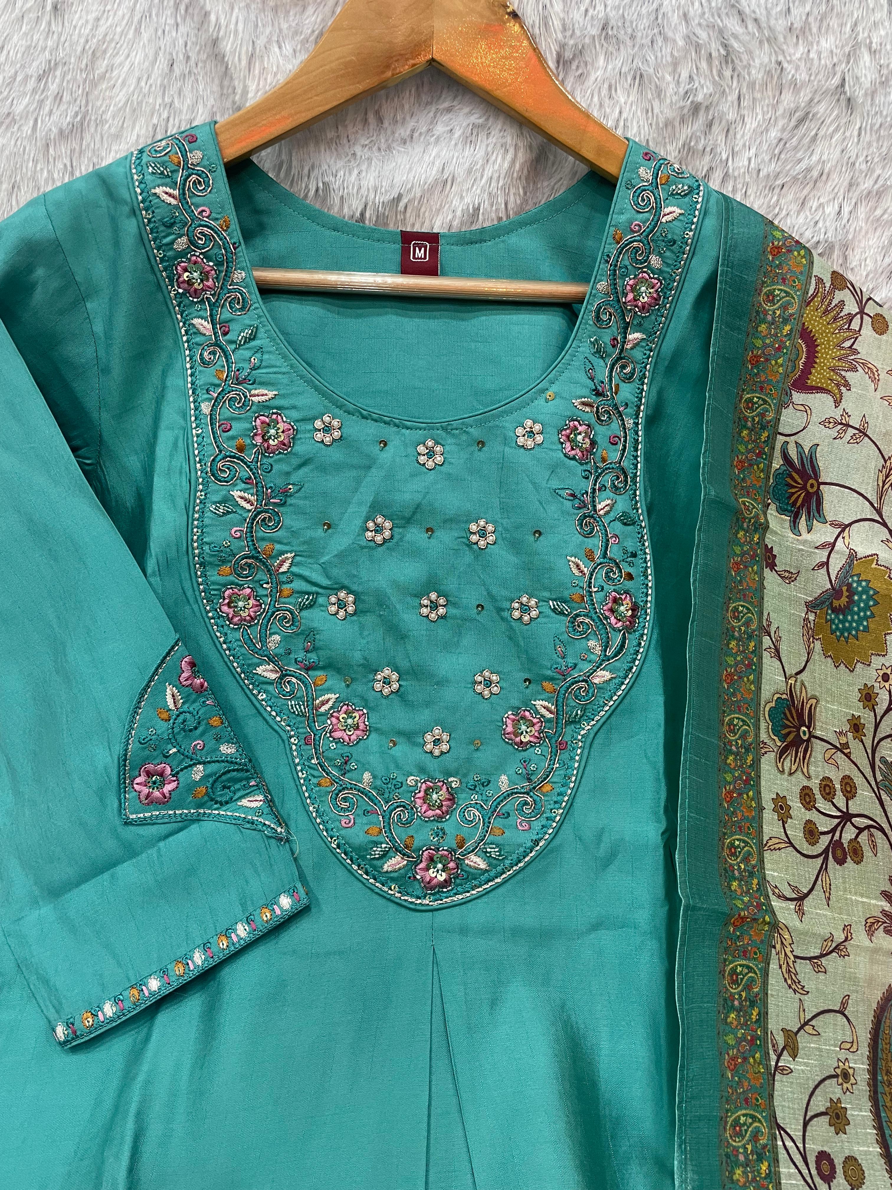 Hanch Premium Marina Silk Embroidered Straight Kurti Set – See Green
