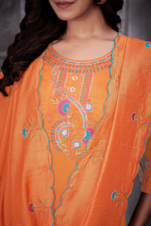 Hanch Roman Silk Embroidered Straight Kurti Set – Orange
