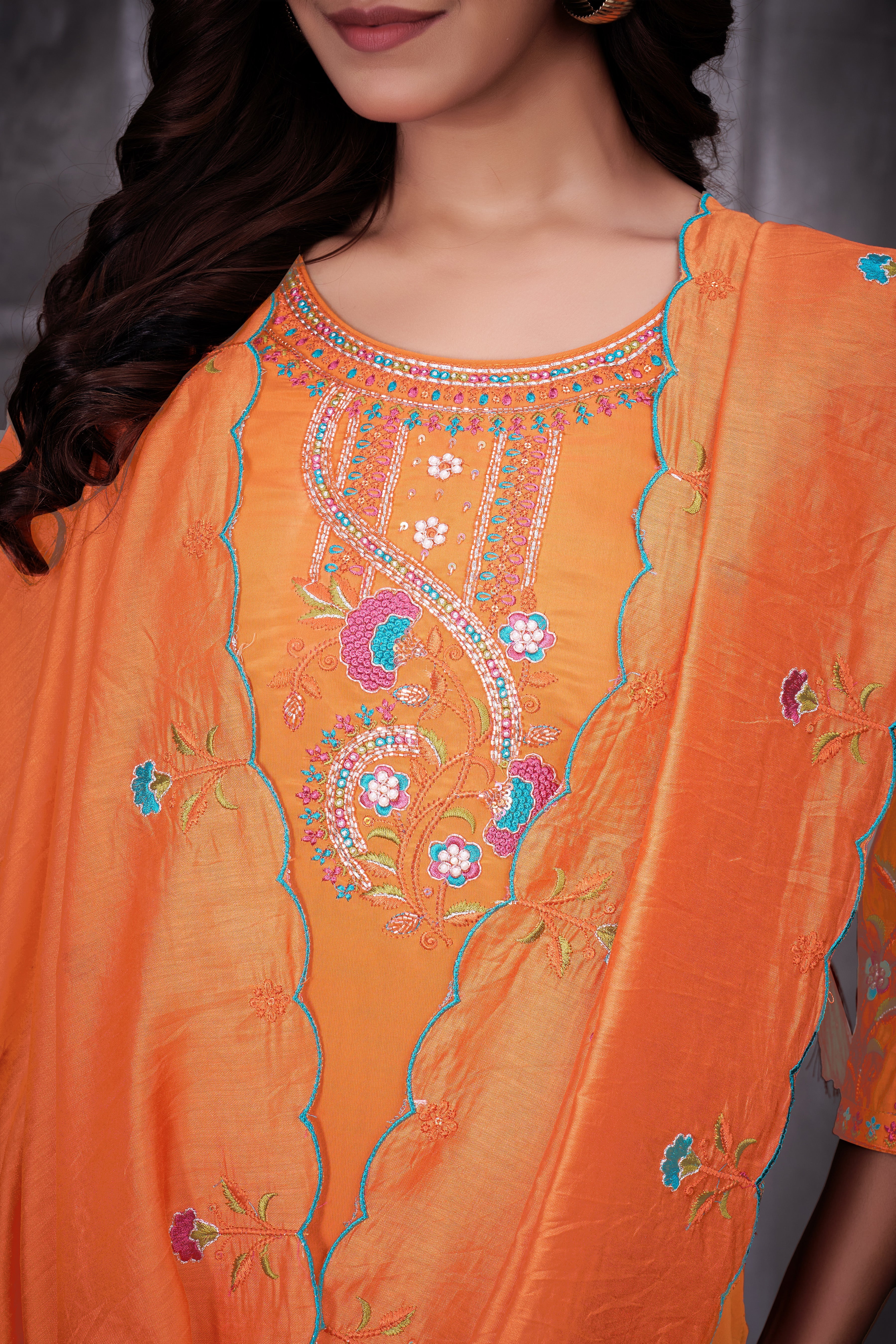 Hanch Roman Silk Embroidered Straight Kurti Set – Orange