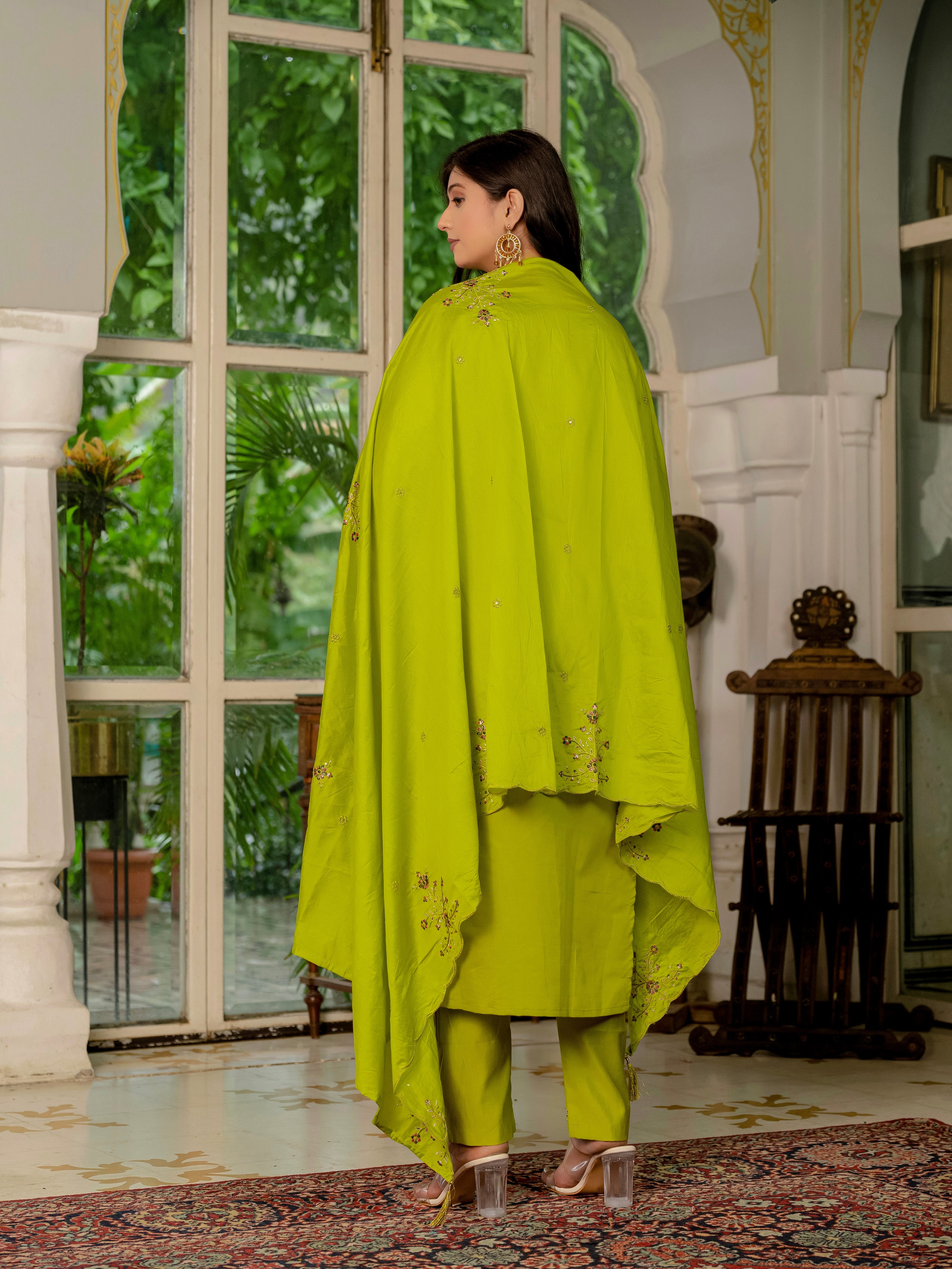 Hanch Marina Silk Embroidered Straight Kurti Set – Parrot Green