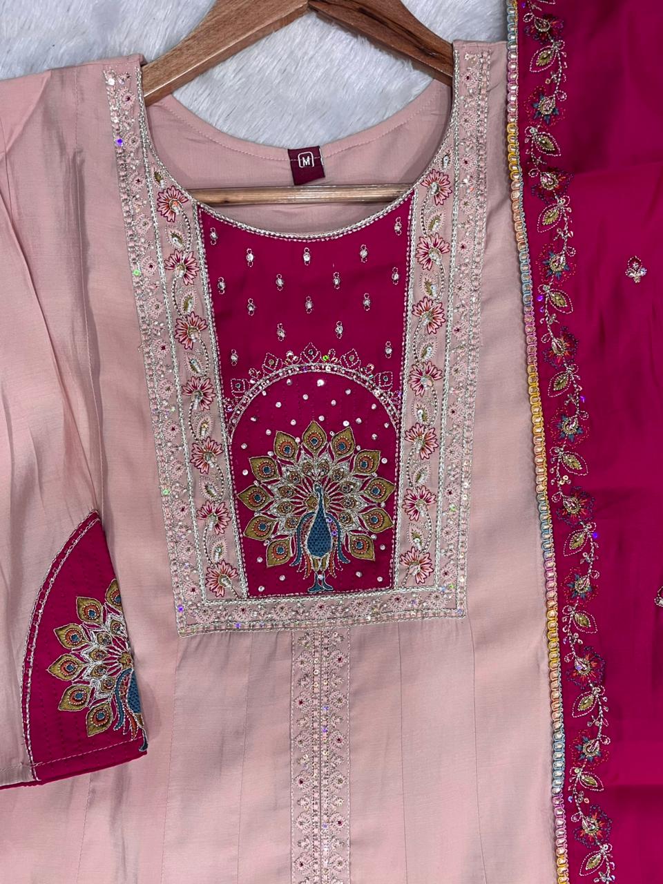 Hanch Roman Silk Embroidered Anarkali Kurti Set – Peach