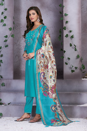 Hanch Premium Marina Silk Embroidered Straight Kurti Set – See Green