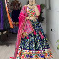 Navratri Navy Blue Floral Dola Lehenga Set - Blouse Unstitched