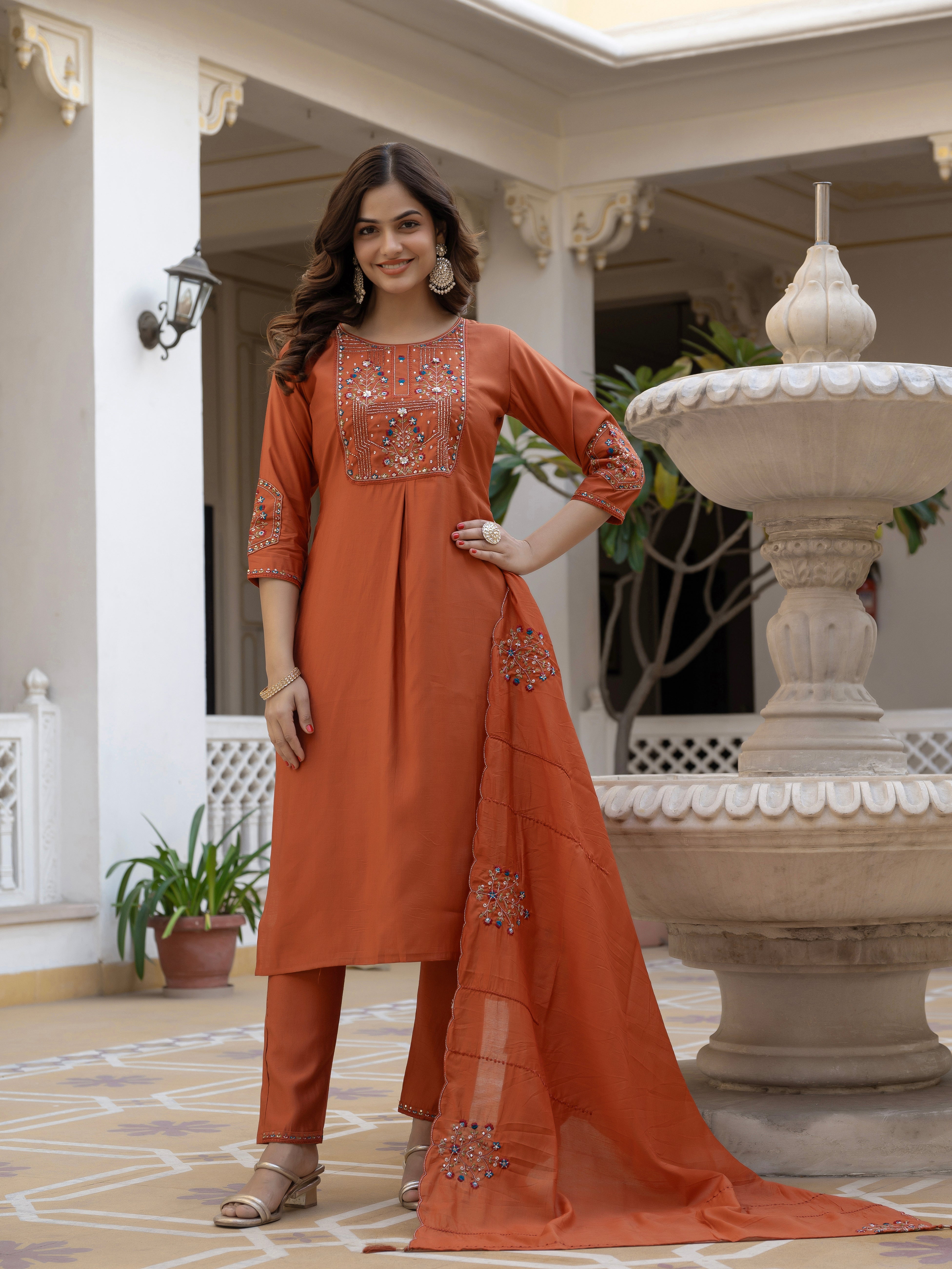 Hanch Pure Viscose Mango Silk Embroidered Straight Kurti Set – Rust