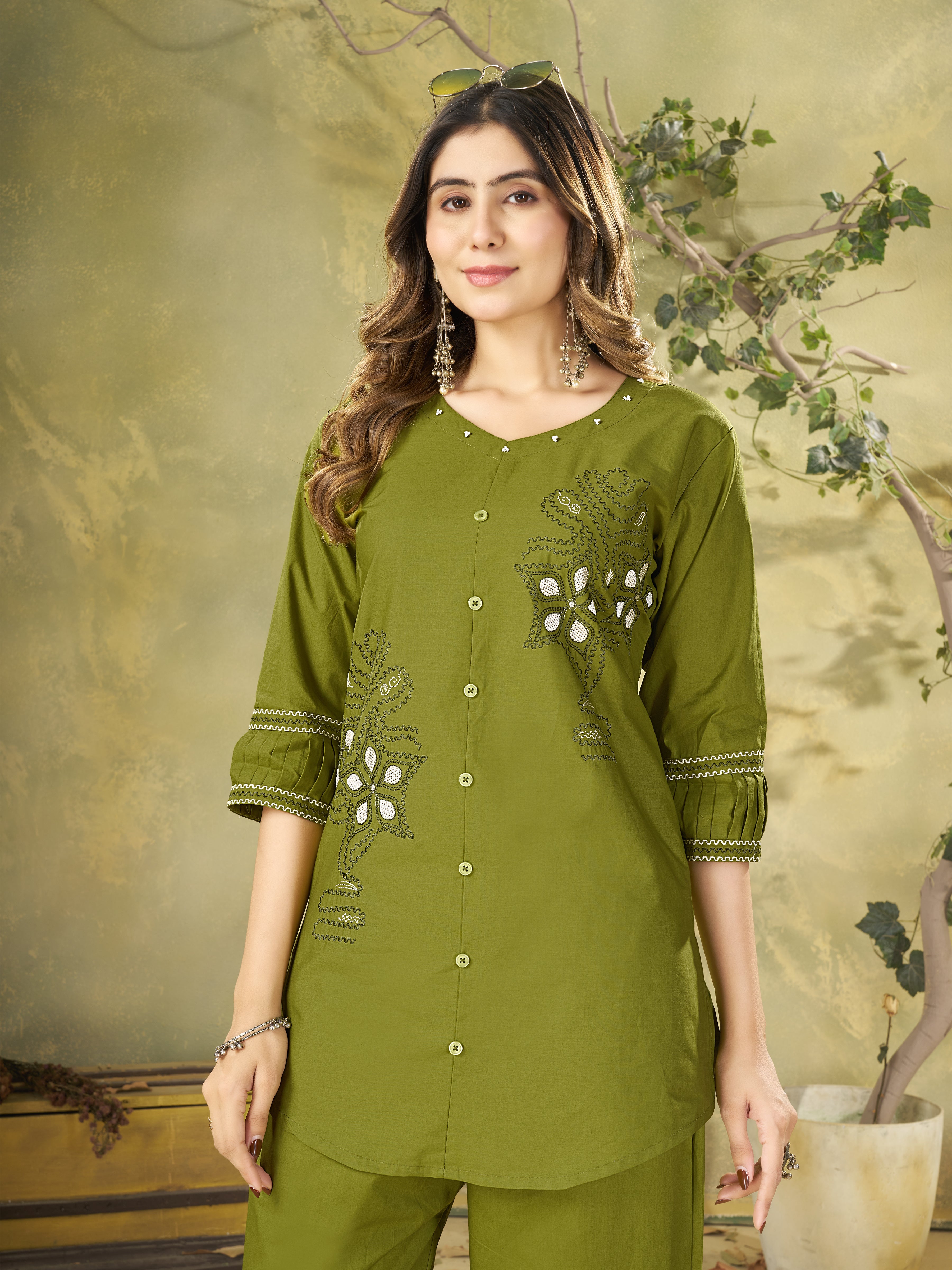 Hanch Pure Cotton Embroidered Co-Ords Set – Mehendi