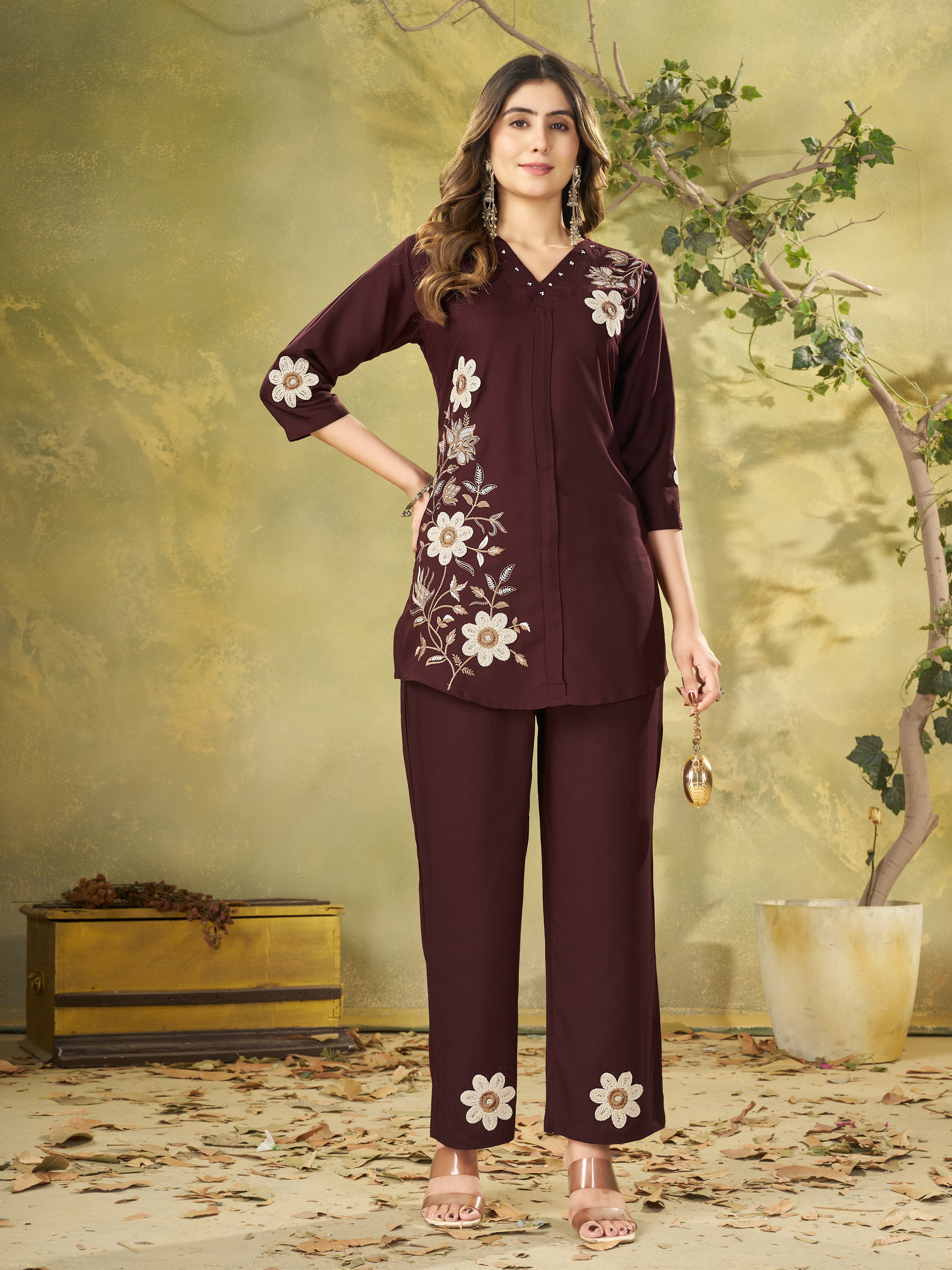 Hanch Heavy Rayon Embroidered Co-Ords Set – Wine