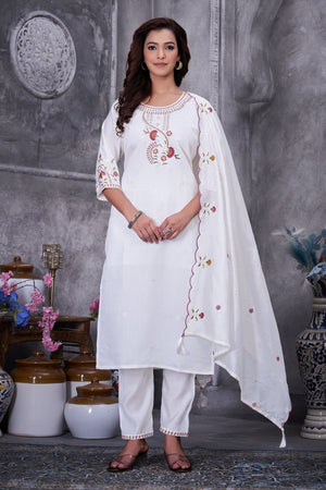 Hanch Roman Silk Embroidered Straight Kurti Set – White