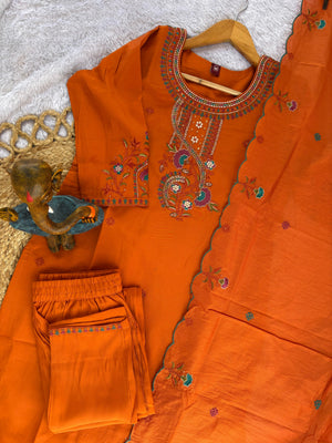 Hanch Roman Silk Embroidered Straight Kurti Set – Orange
