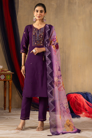Hanch Roman Silk Embroidered Straight Kurti Set – Purple
