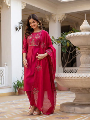 Hanch Pure Viscose Mango Silk Embroidered Straight Kurti Set – Pink