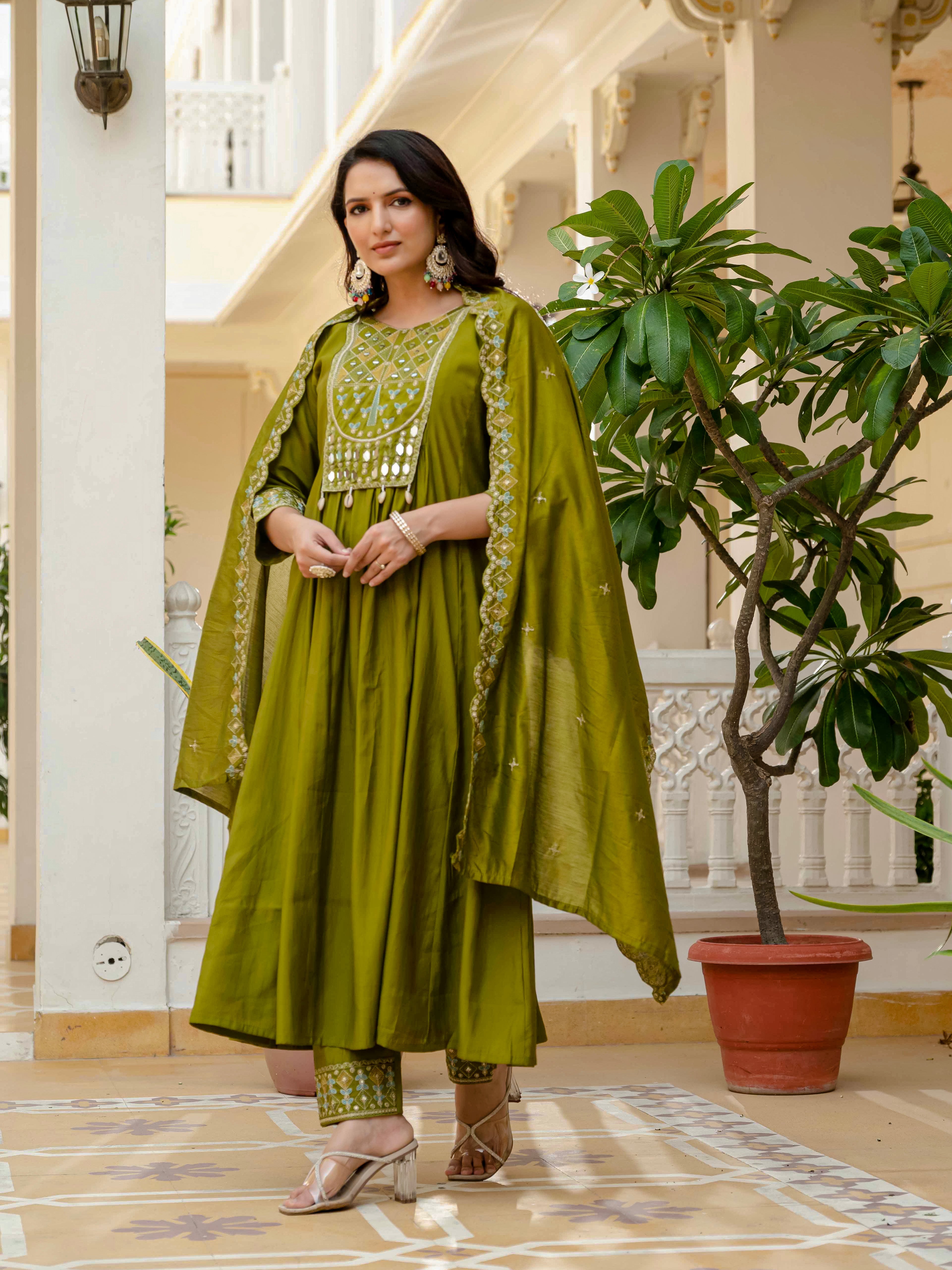 Hanch Viscose Roman Silk Embroidered Anarkali Kurti Set – Mahendi