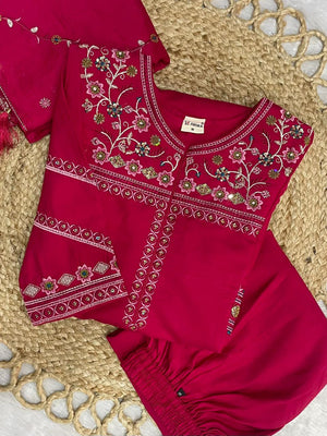 Hanch Viscose Mango Silk Embroidered Anarkali Kurti Set – Rani Pink