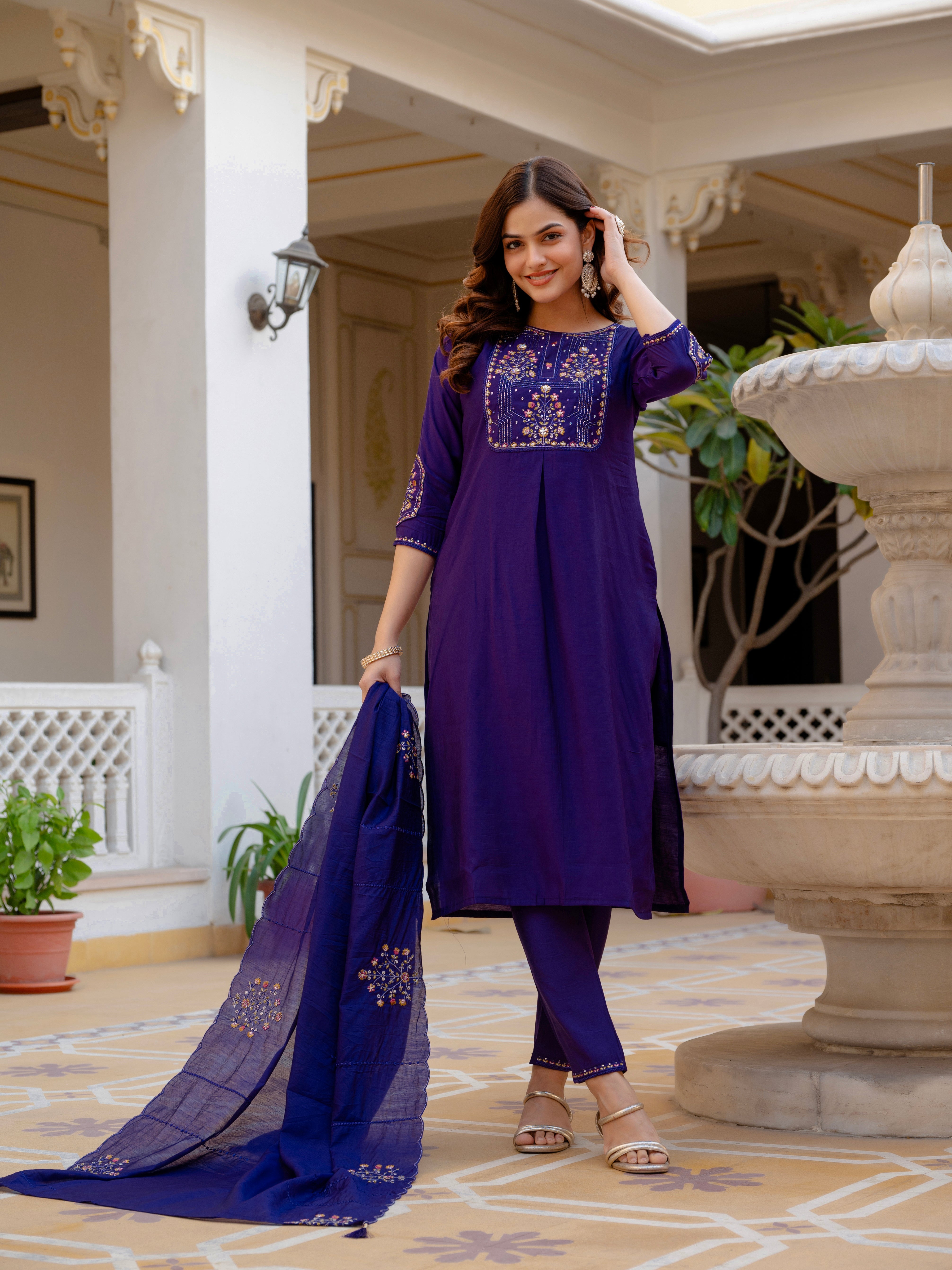Hanch Pure Viscose Mango Silk Embroidered Straight Kurti Set – Violet