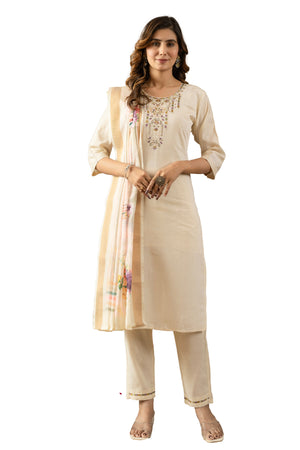 Hanch Shimmer Gold Silk Embroidered Straight Kurti Set – Off White