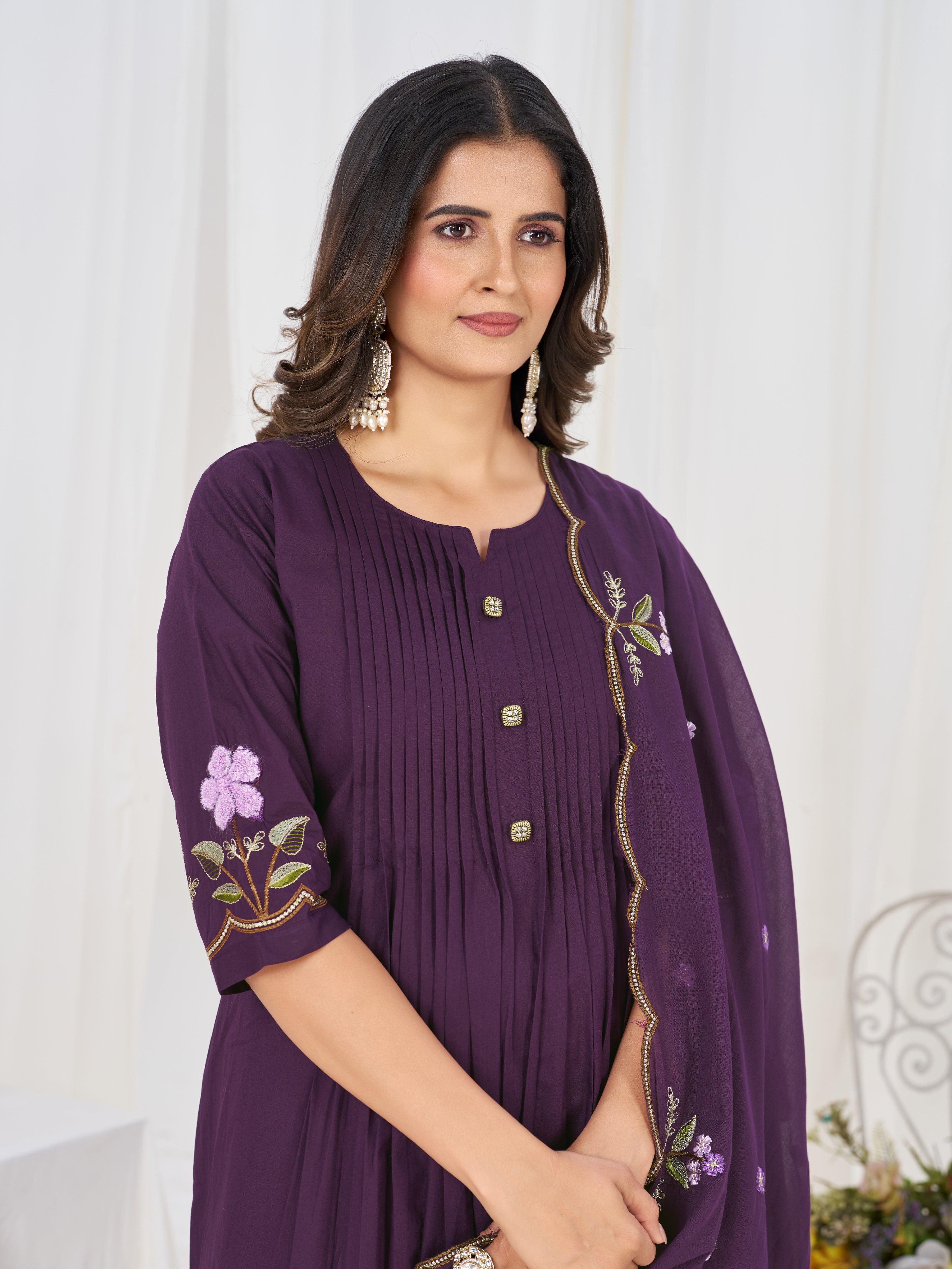 Hanch Pure Cotton Embroidered Anarkali Kurti Set – Purple
