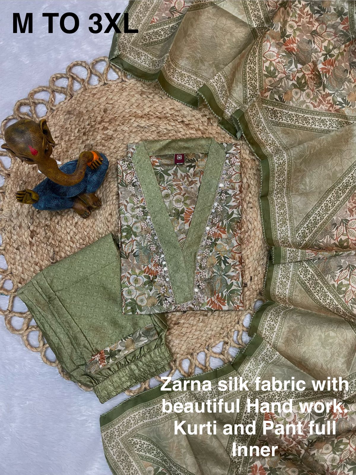 Hanch Zarna Silk Embroidered Straight Kurti Set – Sage Green