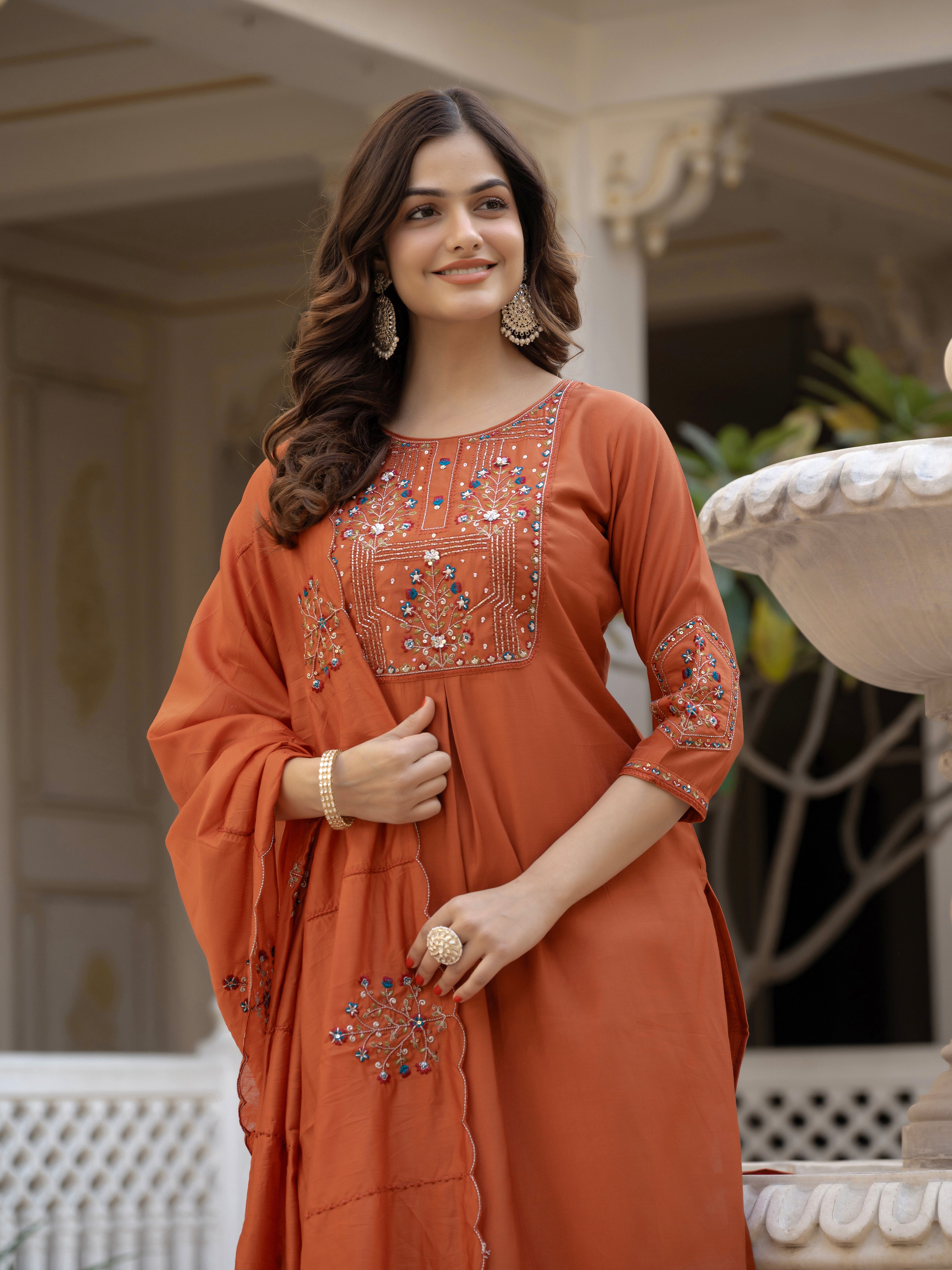 Hanch Pure Viscose Mango Silk Embroidered Straight Kurti Set – Rust