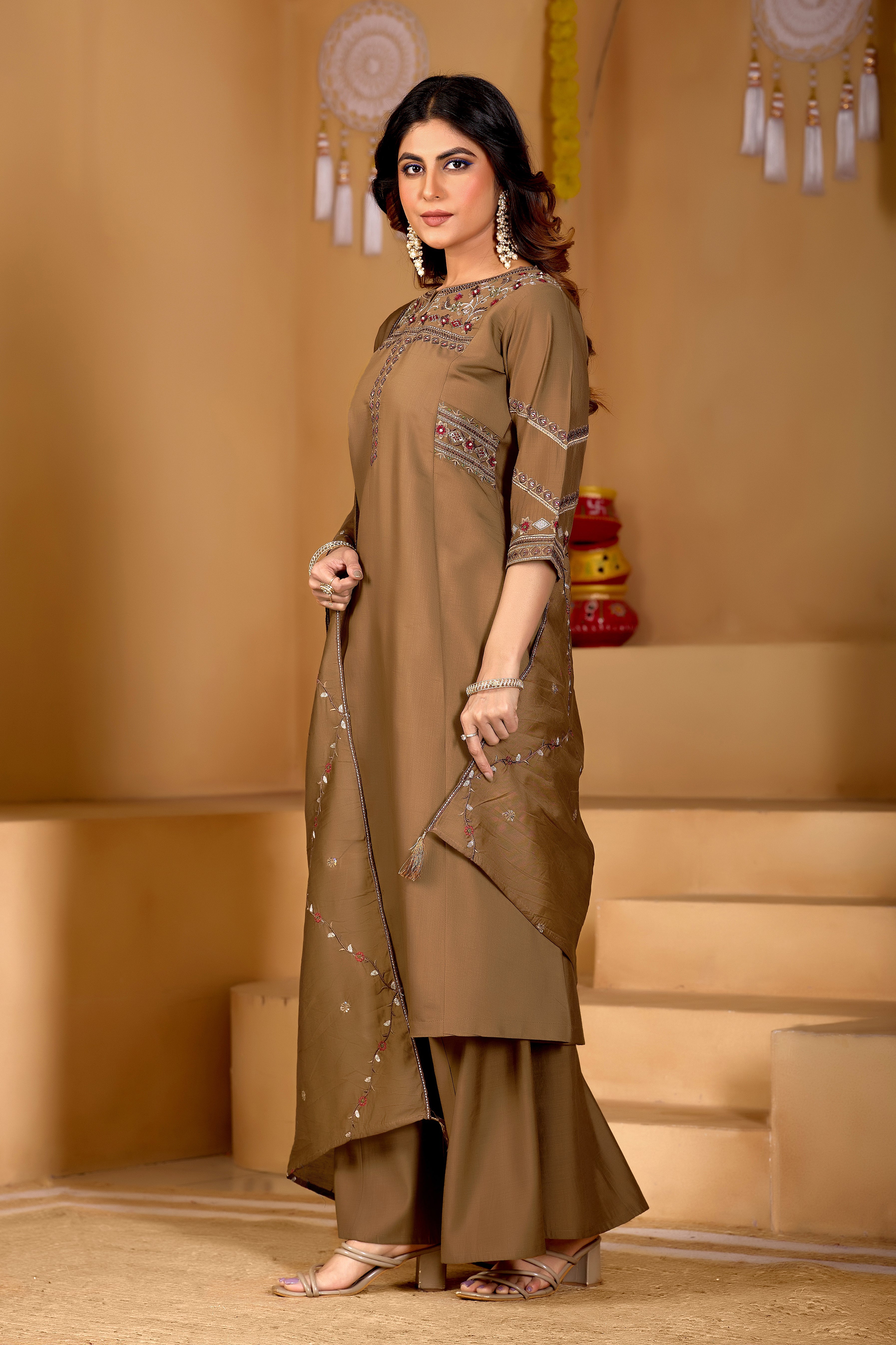 Hanch Viscose Mango Silk Embroidered Anarkali Kurti Set – Coffee
