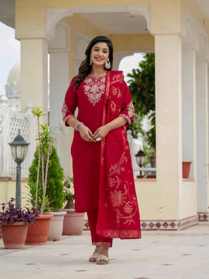 Hanch Premium Roman Silk Embroidered Straight Kurti Set – Maroon