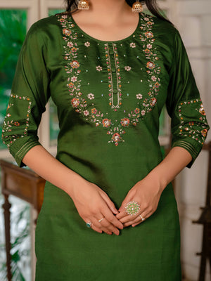 Hanch Marina Silk Embroidered Straight Kurti Set – Mehndi Green