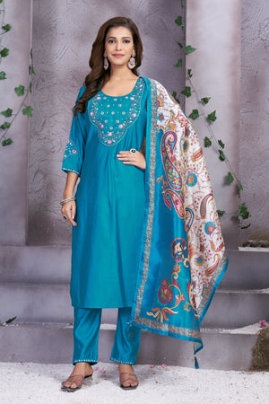 Hanch Premium Marina Silk Embroidered Straight Kurti Set – Firozi