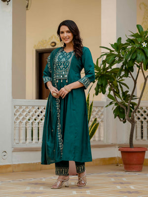 Hanch Viscose Roman Silk Embroidered Anarkali Kurti Set – Teal