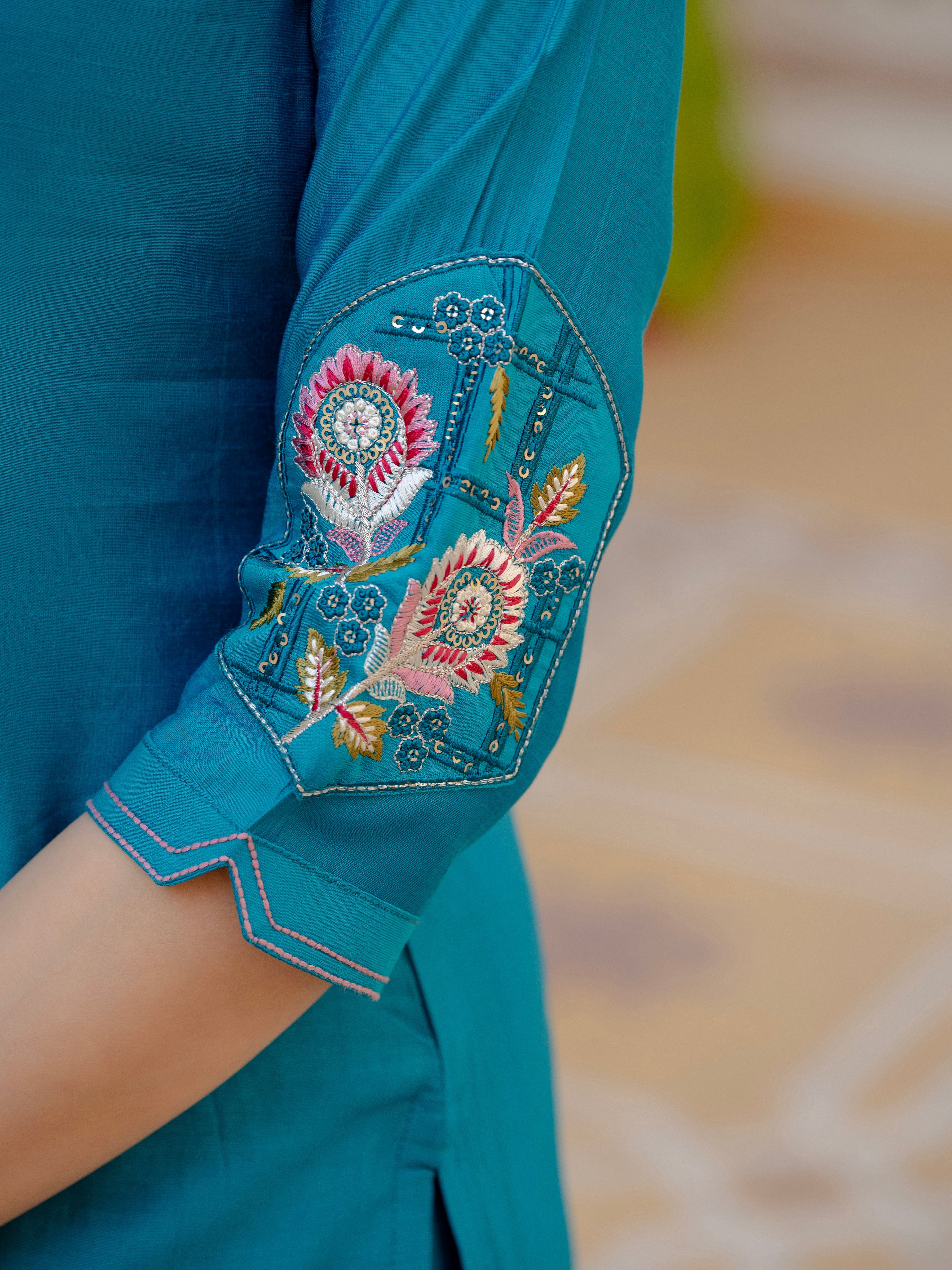 Hanch Pure Viscose Mango Silk Embroidered Straight Kurti Set – Firozi