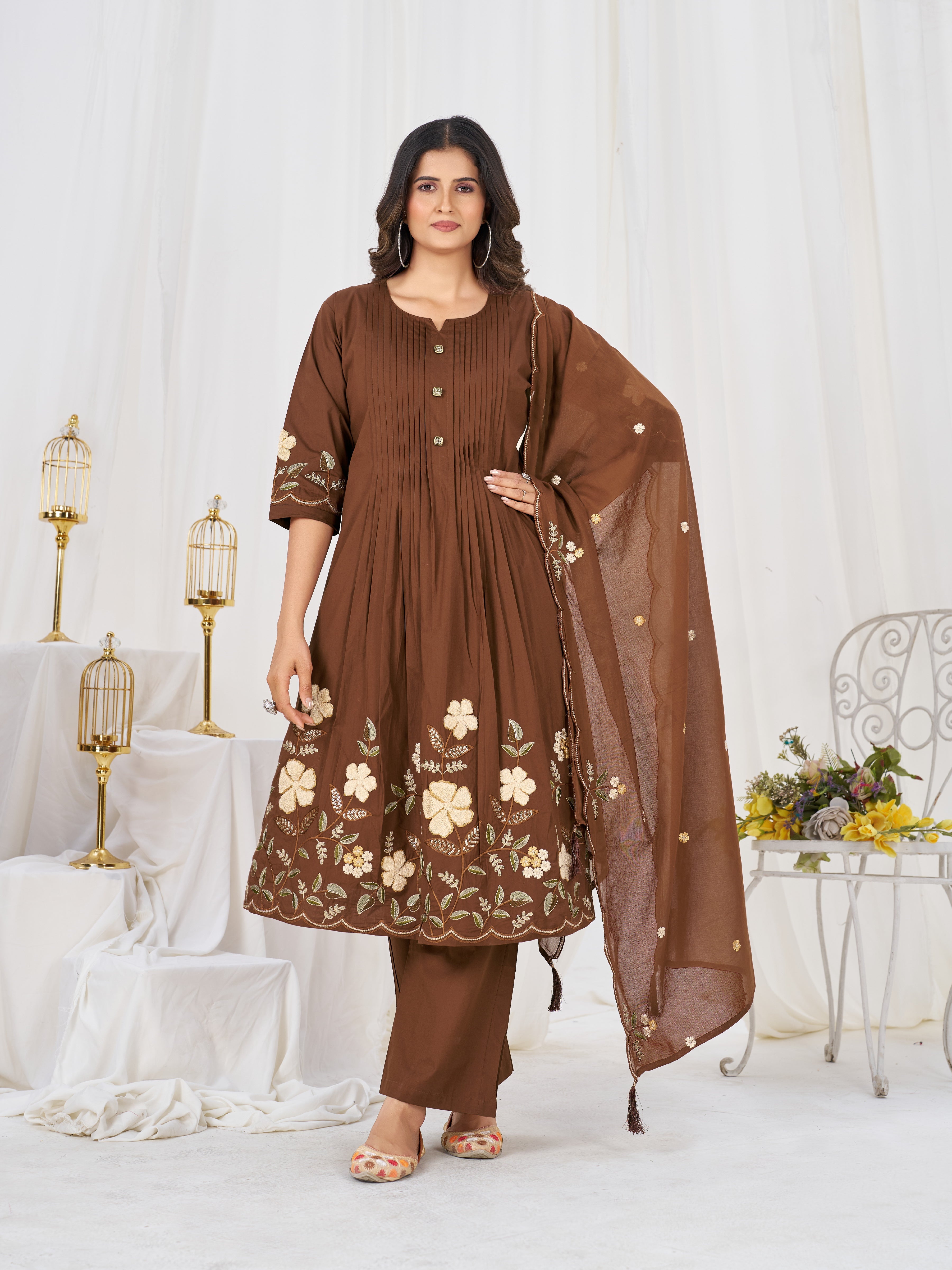 Hanch Pure Cotton Embroidered Anarkali Kurti Set – Coffee