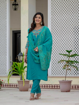Hanch Premium Roman Silk Embroidered Straight Kurti Set – Firozi