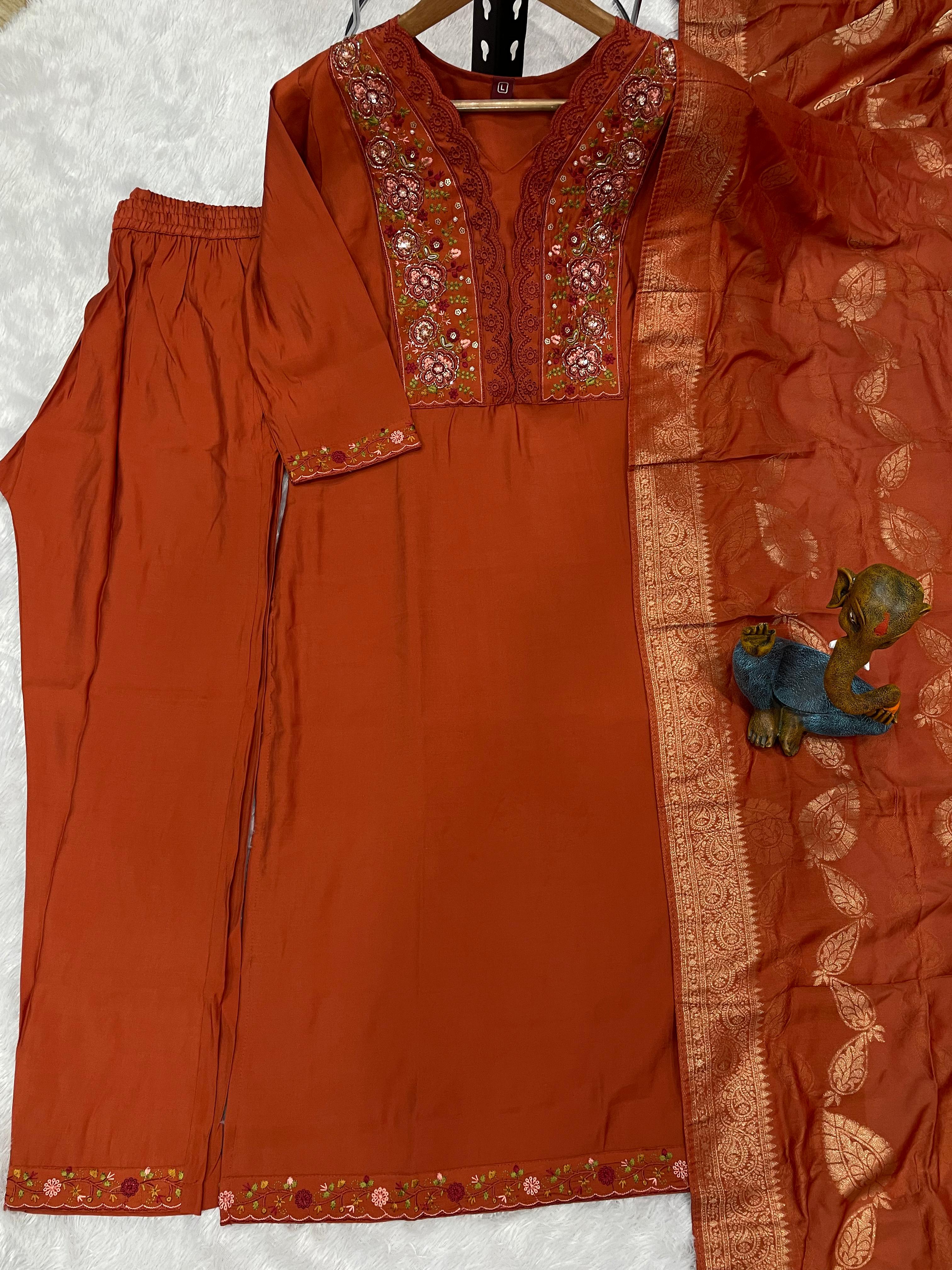 Hanch Roman Silk Embroidered Straight Kurti Set – Rust