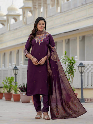 Hanch Premium Roman Silk Embroidered Straight Kurti Set – Wine