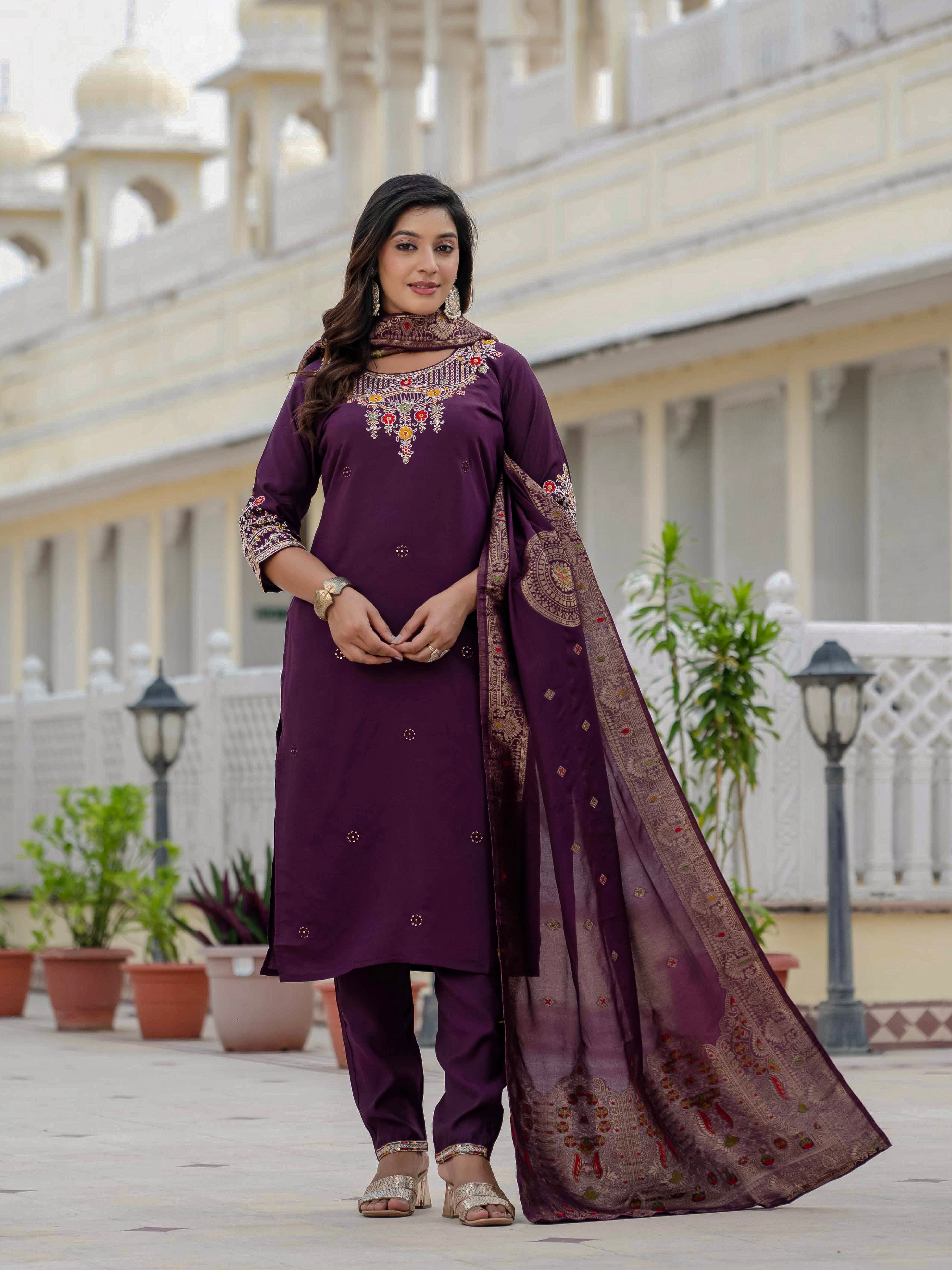 Hanch Premium Roman Silk Embroidered Straight Kurti Set – Wine