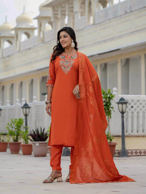 Hanch Premium Roman Silk Embroidered Straight Kurti Set – Orange