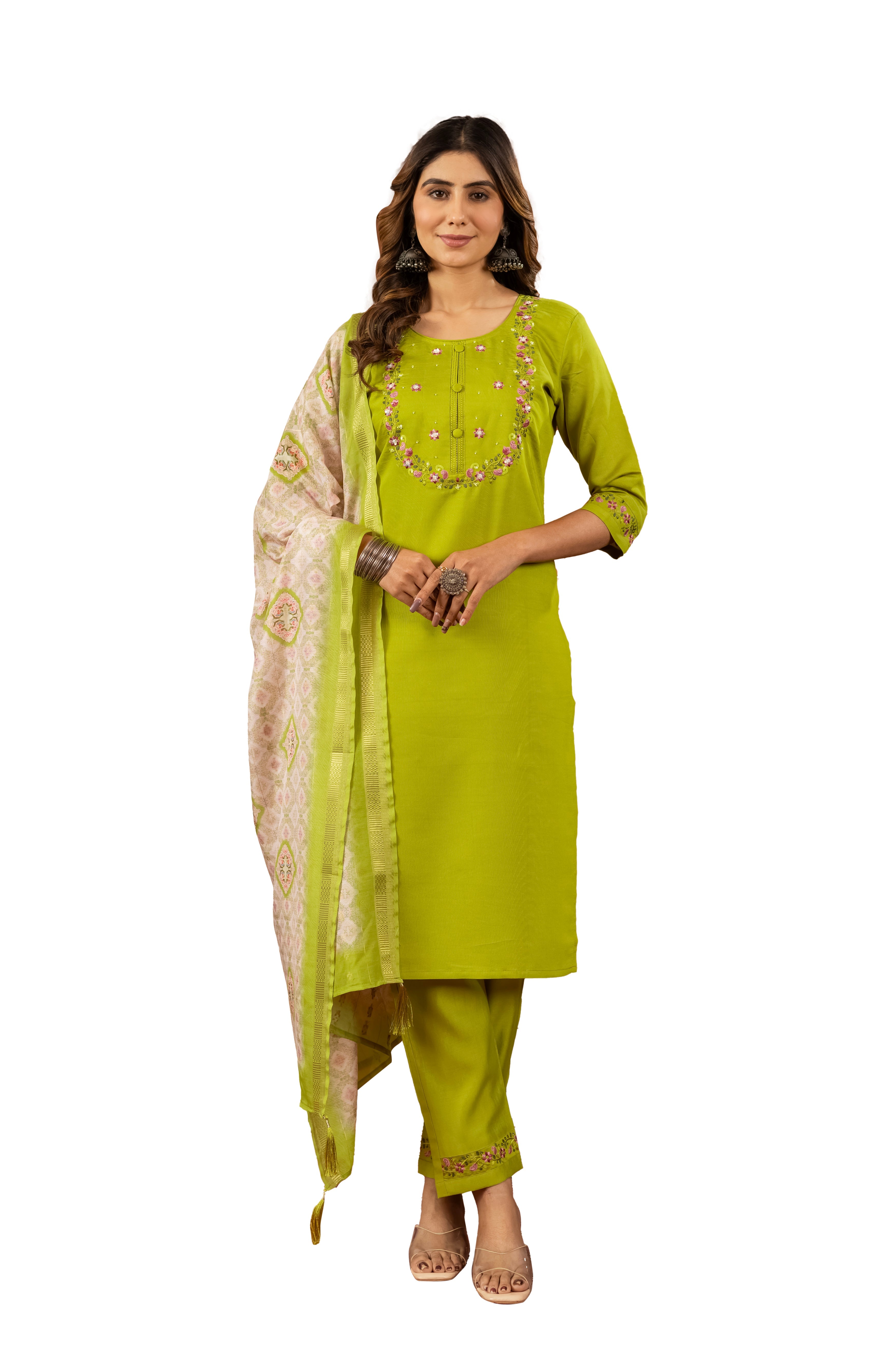 Hanch Marina Silk Embroidered Straight Kurti Set – Parrot Green