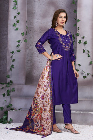 Hanch Premium Marina Silk Embroidered Straight Kurti Set – Violet