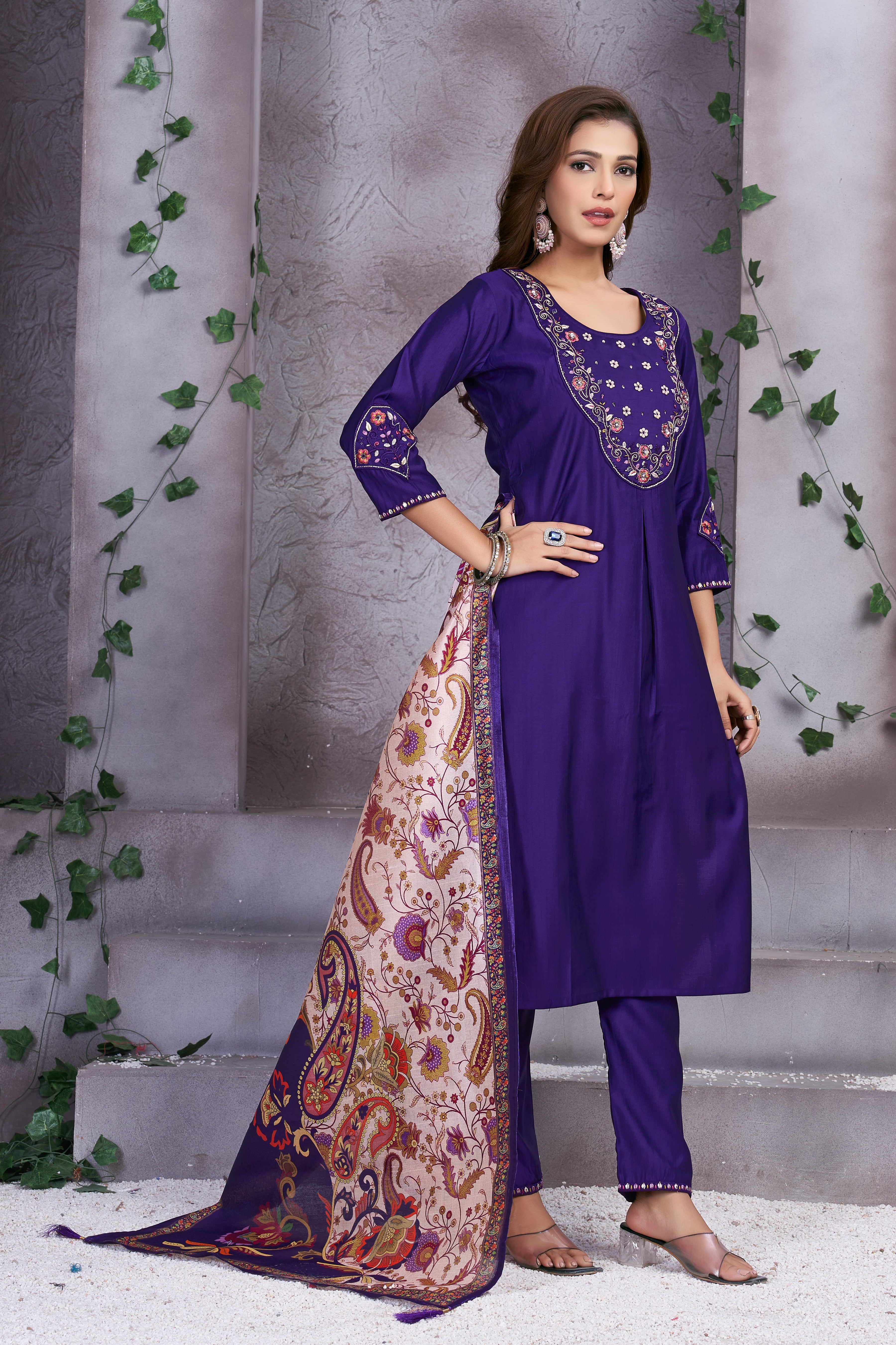 Hanch Premium Marina Silk Embroidered Straight Kurti Set – Violet