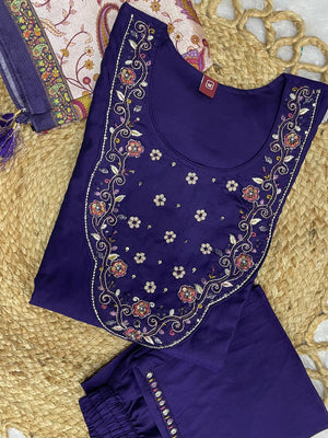 Hanch Premium Marina Silk Embroidered Straight Kurti Set – Violet