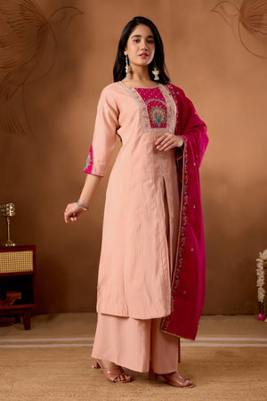 Hanch Roman Silk Embroidered Anarkali Kurti Set – Peach