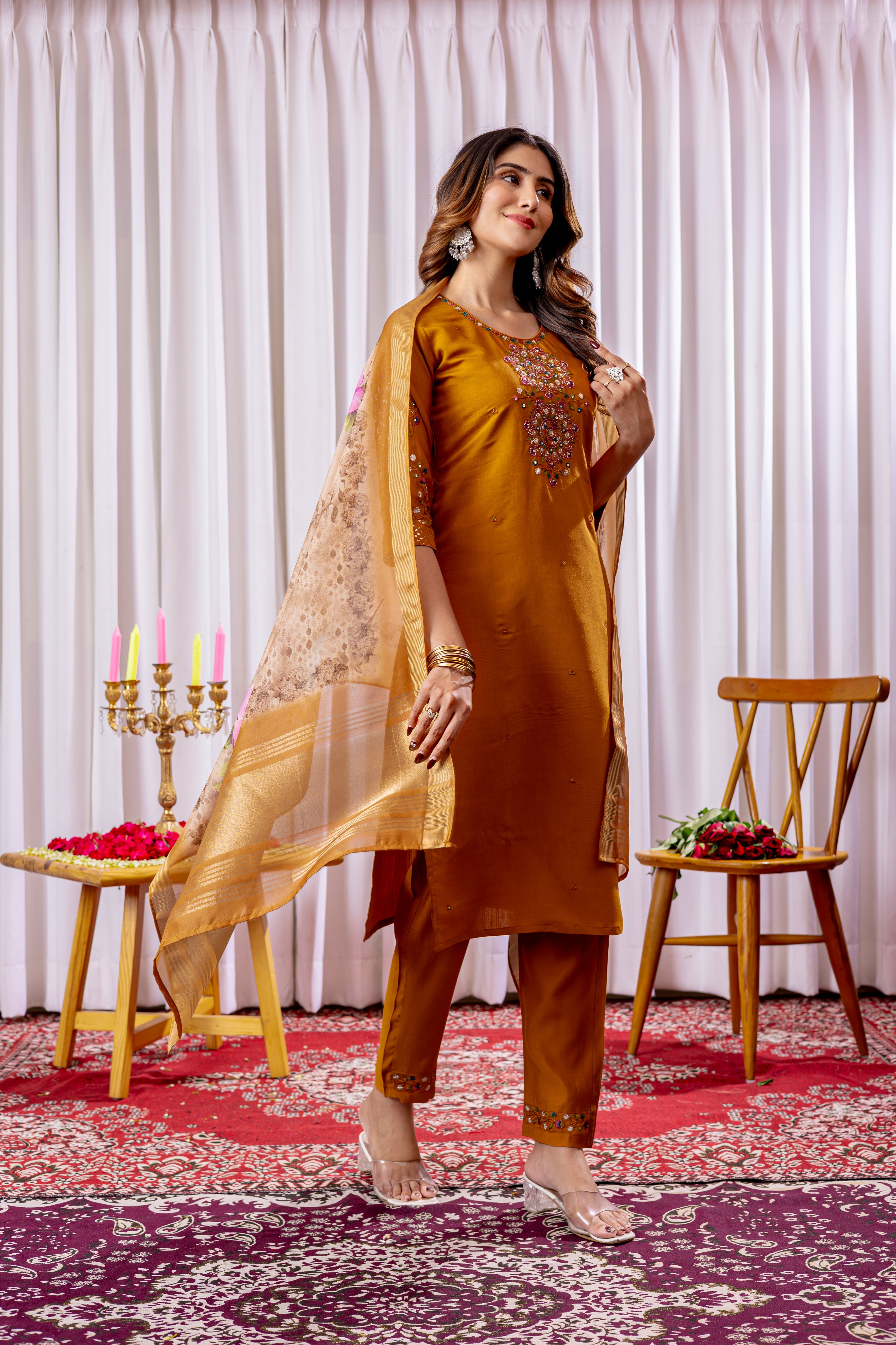Hanch Viscose Silk Embroidered Straight Kurti Set – Mustard