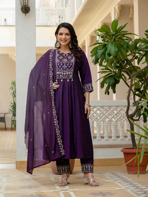 Hanch Viscose Roman Silk Embroidered Anarkali Kurti Set – Purple