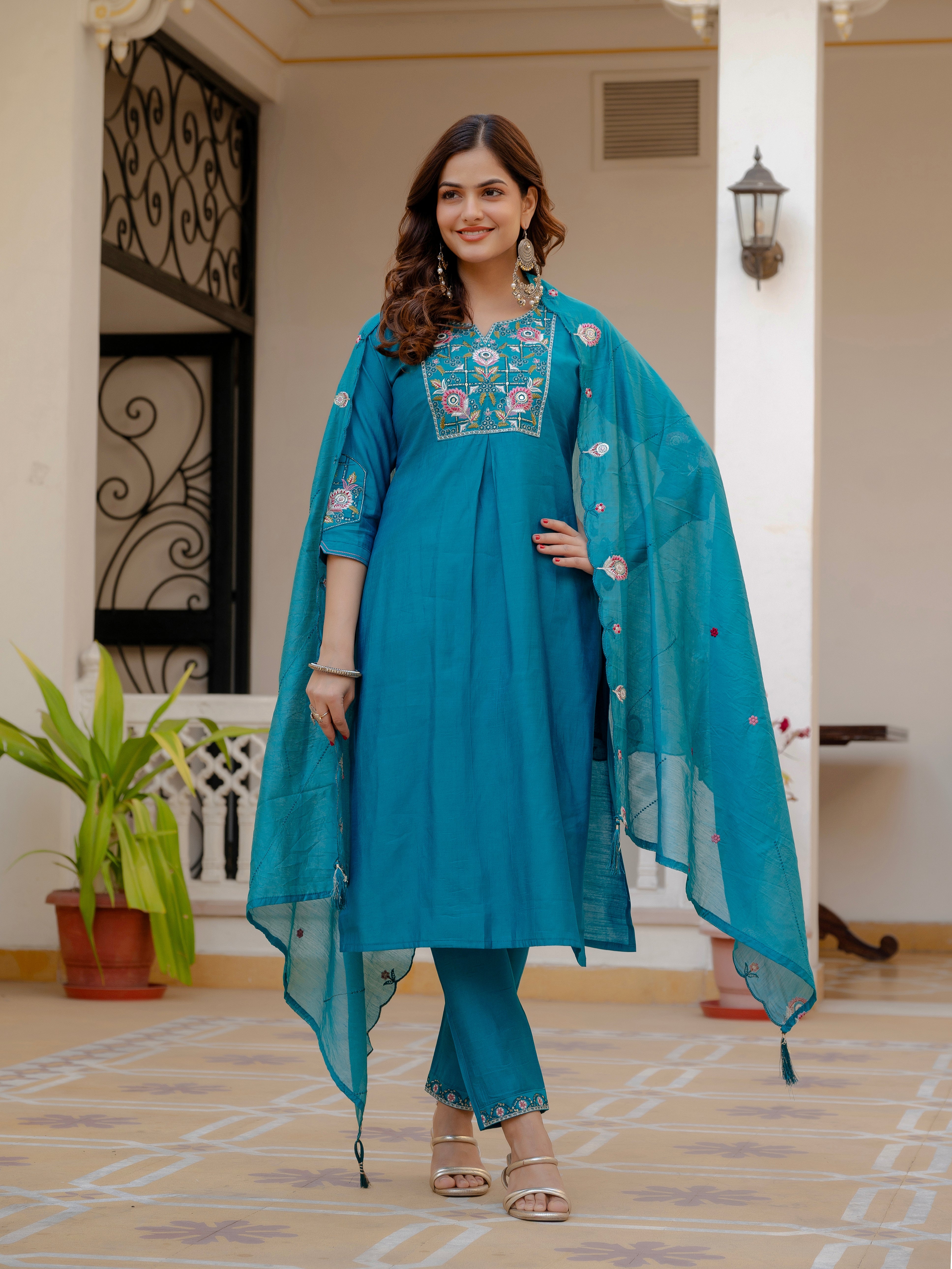 Hanch Pure Viscose Mango Silk Embroidered Straight Kurti Set – Firozi