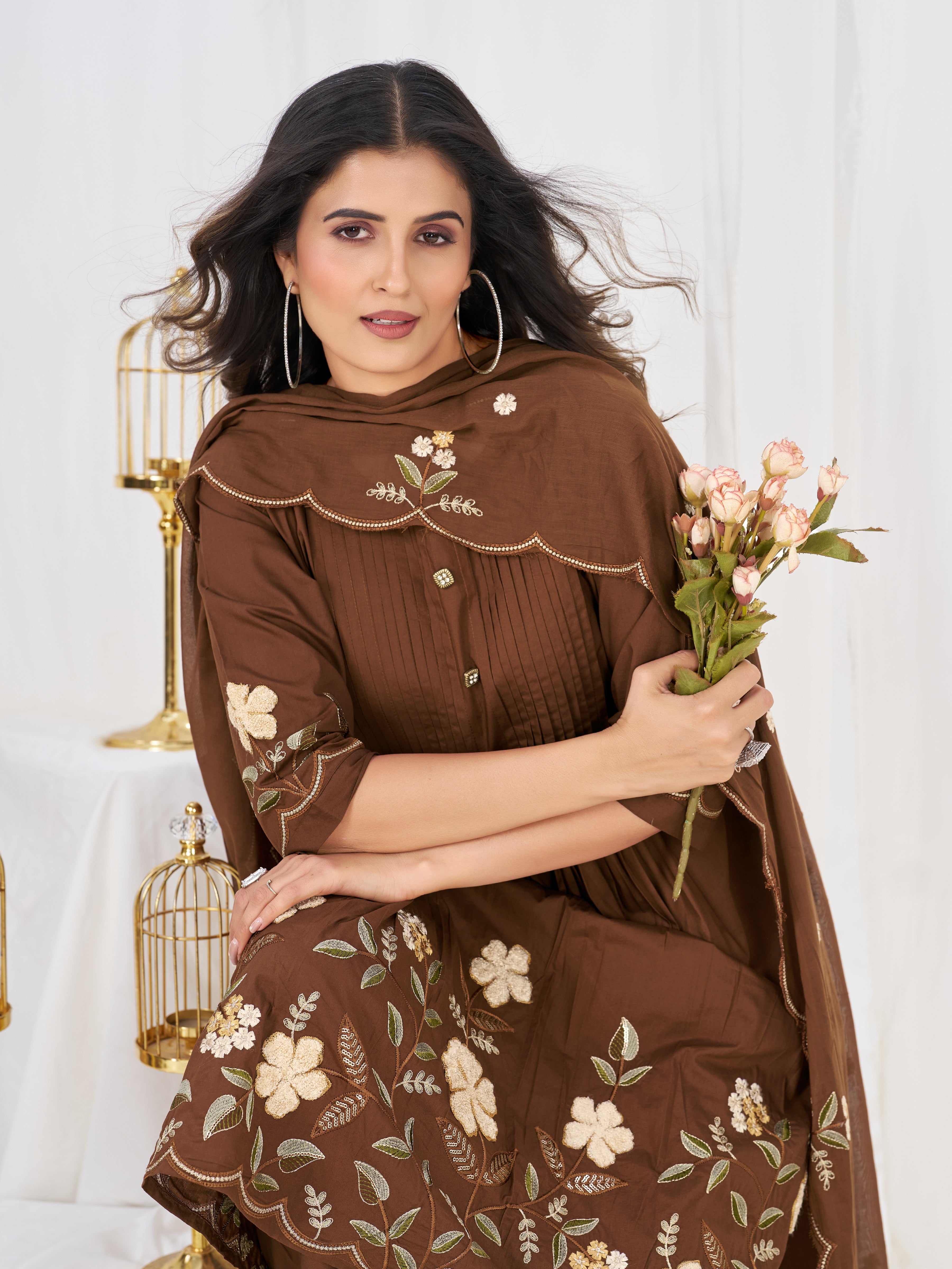 Hanch Pure Cotton Embroidered Anarkali Kurti Set – Coffee