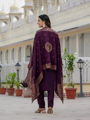 Hanch Premium Roman Silk Embroidered Straight Kurti Set – Wine
