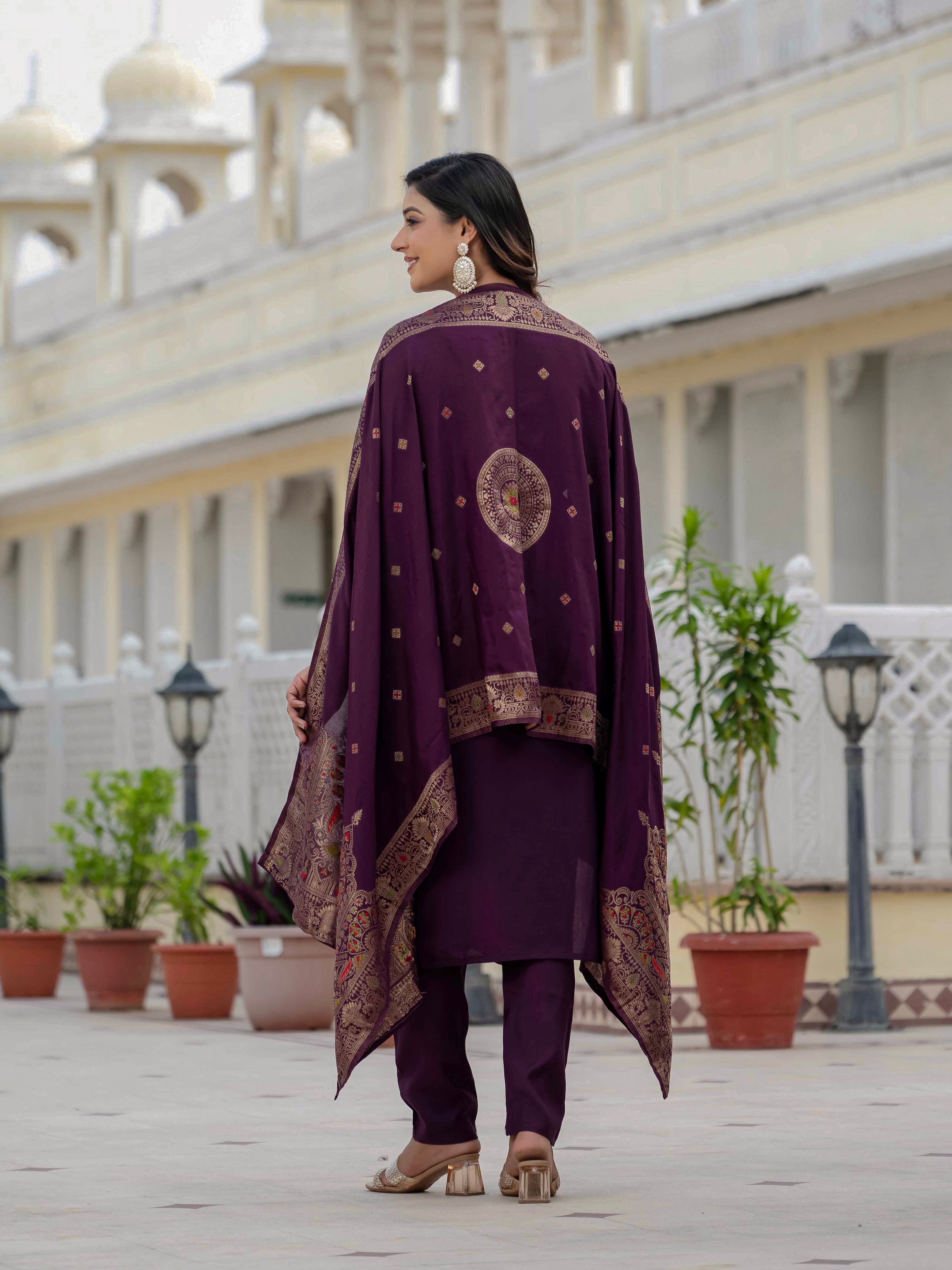 Hanch Premium Roman Silk Embroidered Straight Kurti Set – Wine