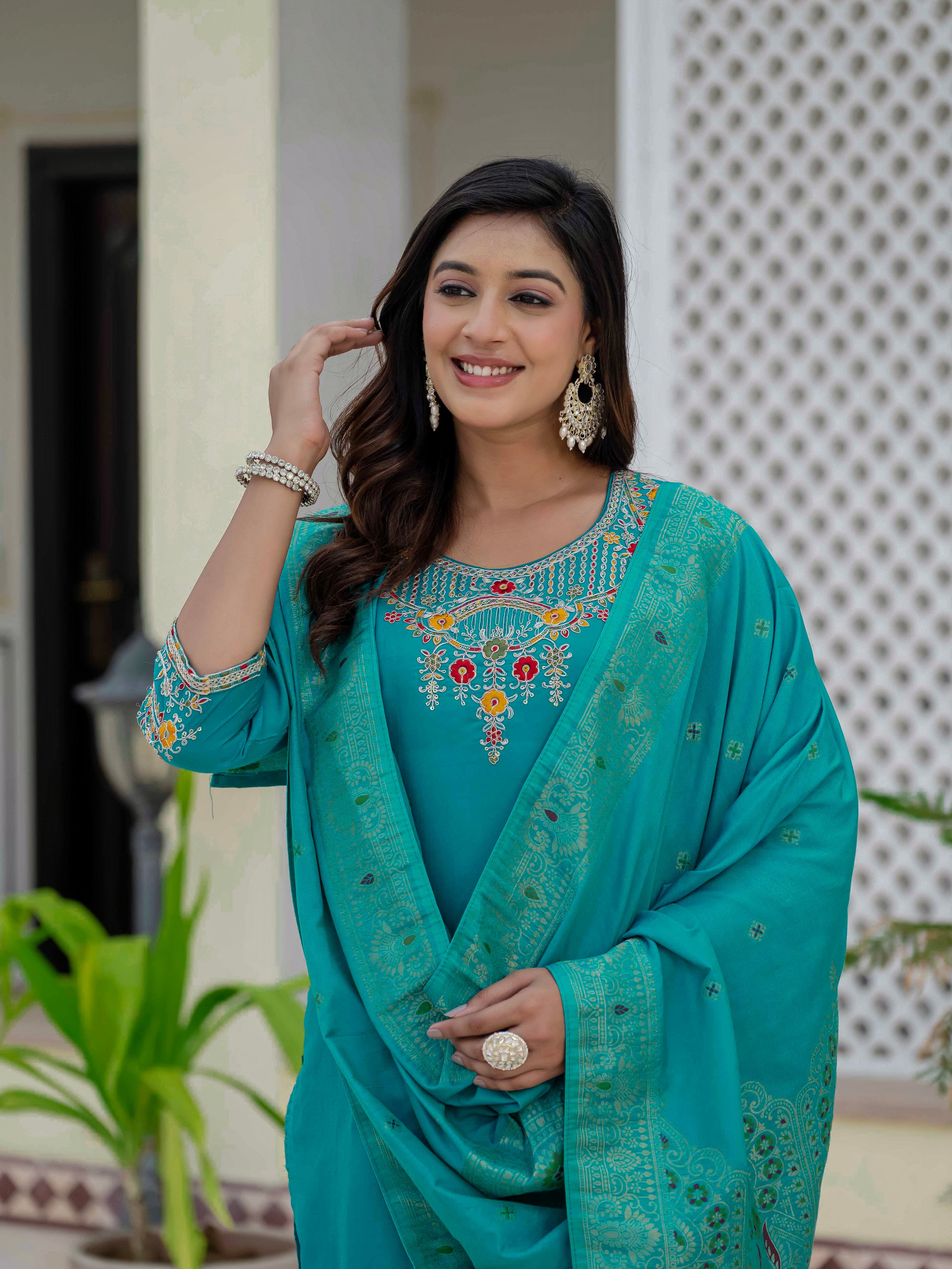 Hanch Premium Roman Silk Embroidered Straight Kurti Set – Firozi