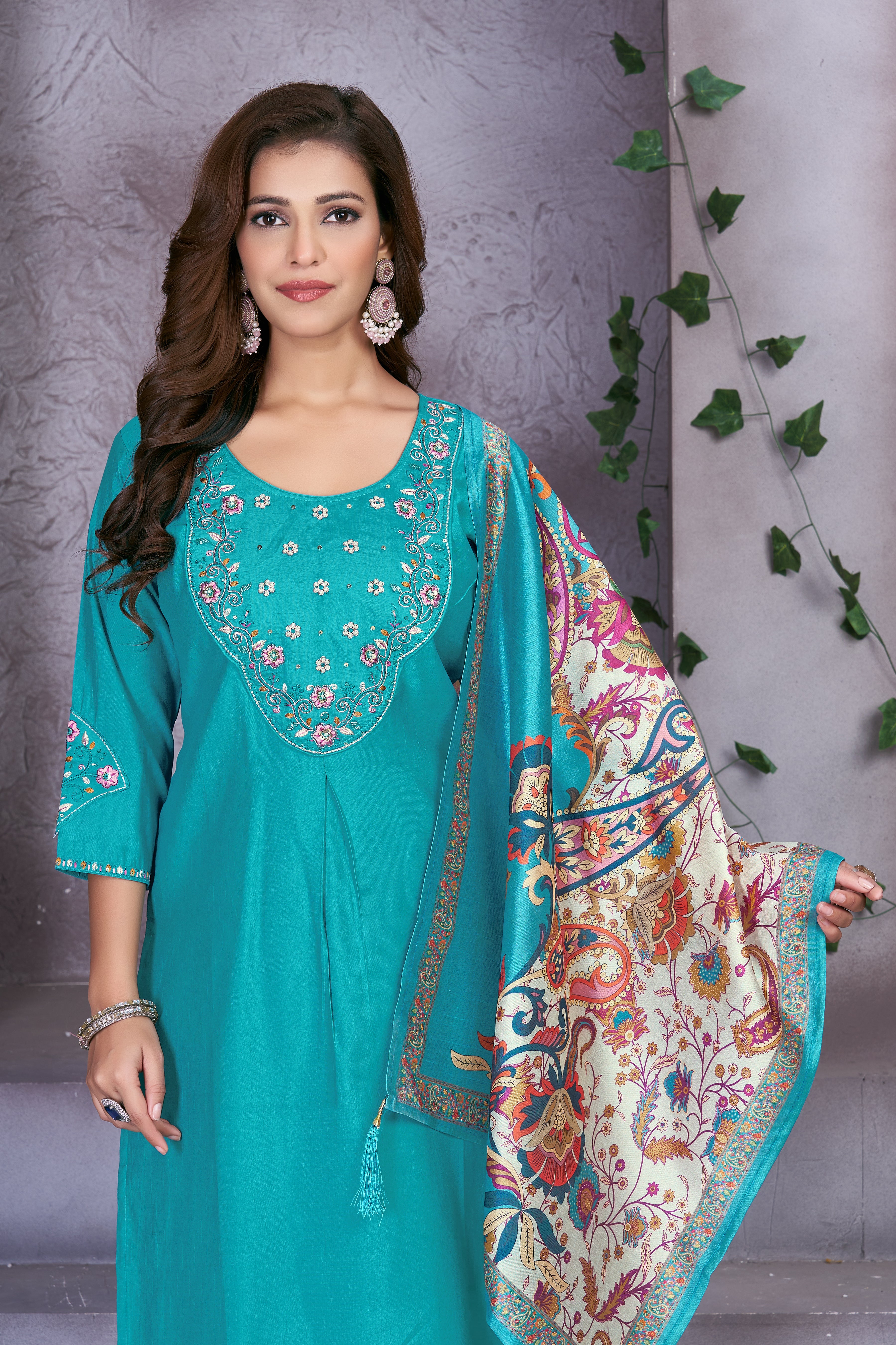 Hanch Premium Marina Silk Embroidered Straight Kurti Set – See Green