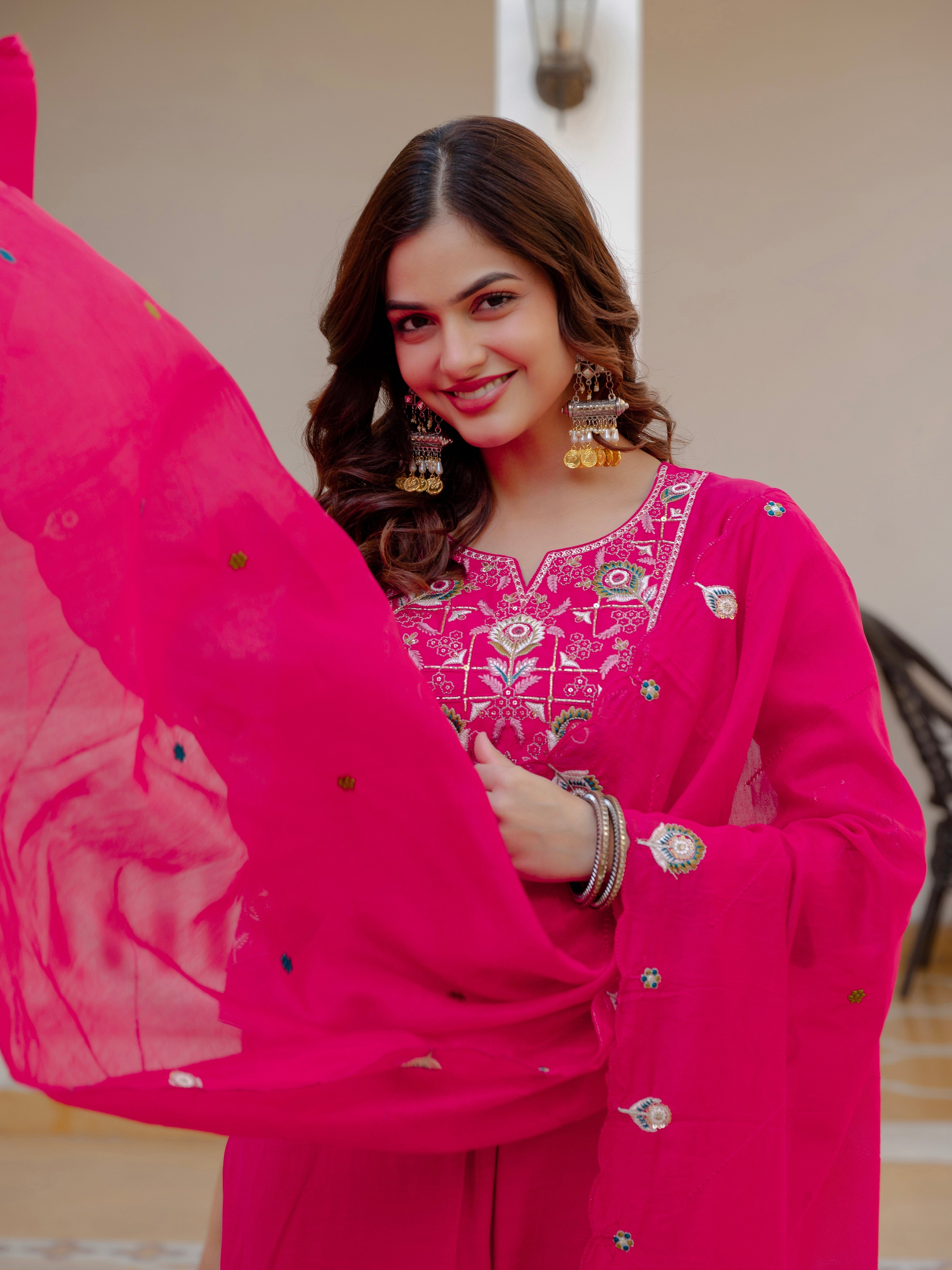 Hanch Pure Viscose Mango Silk Embroidered Straight Kurti Set – Pink